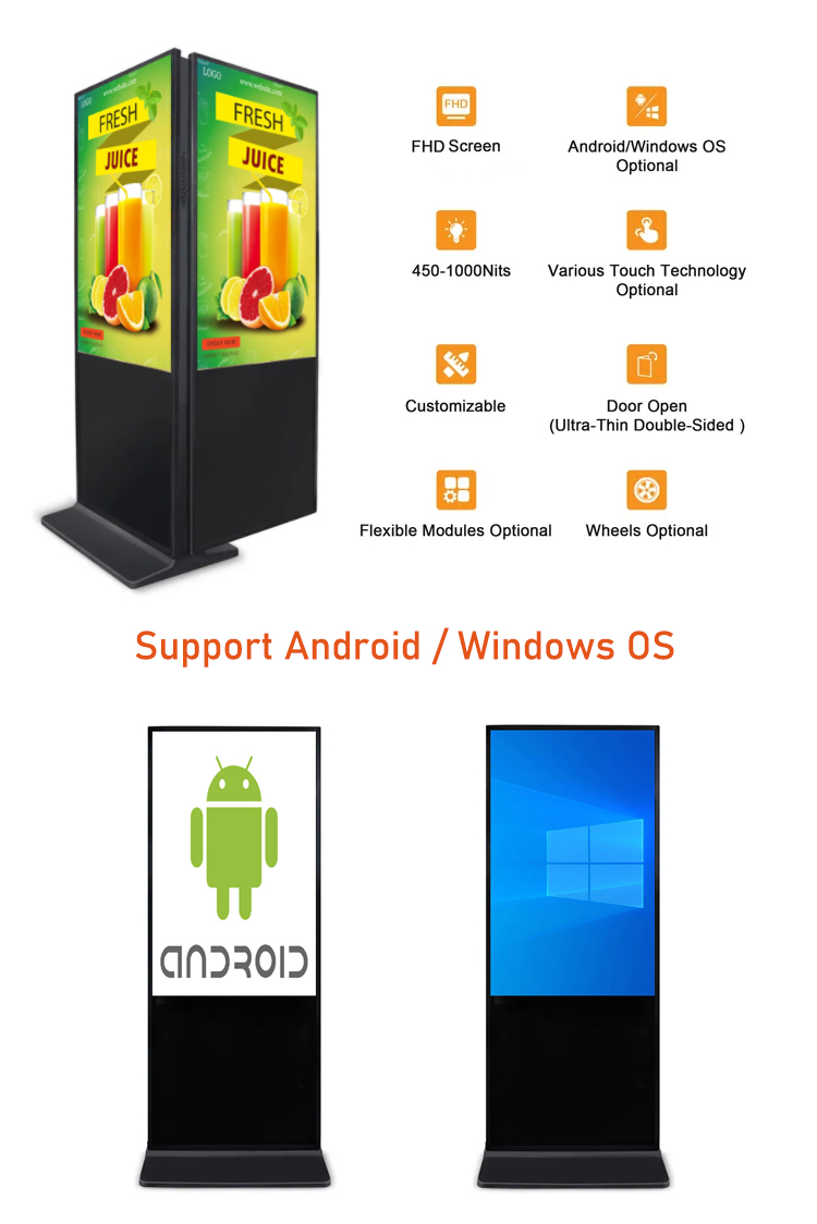43 inch floor stand LCD indoor double sided digital signage
